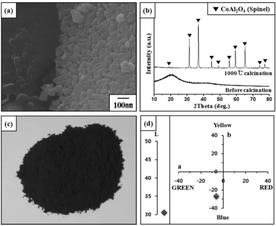 Fig. 4. (a) SEM image, (b) XRD spectra, (c) optical image and (d) CIE L*a*b* result of CoAl 2 O 4  blue pigment synthesized by the polymerized complex method.