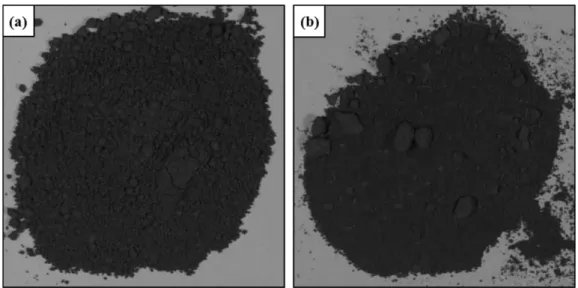 Fig. 13. Optical images of CoAl 2 O 4  blue pigments prepared by the polymerized complex method (a) before and (b) after the attrition milling for 3 h.
