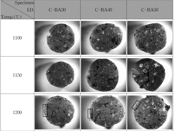 Fig. 7. Optical image of cut cross section of artificial aggregates using coarse coal bottom ash sintered at different temperature in electric furnace.