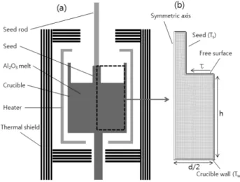 Fig. 1. Schematic of the crucible geometry in Kyropoulos growth system (a) and computational domain for the CFD simulations (b).