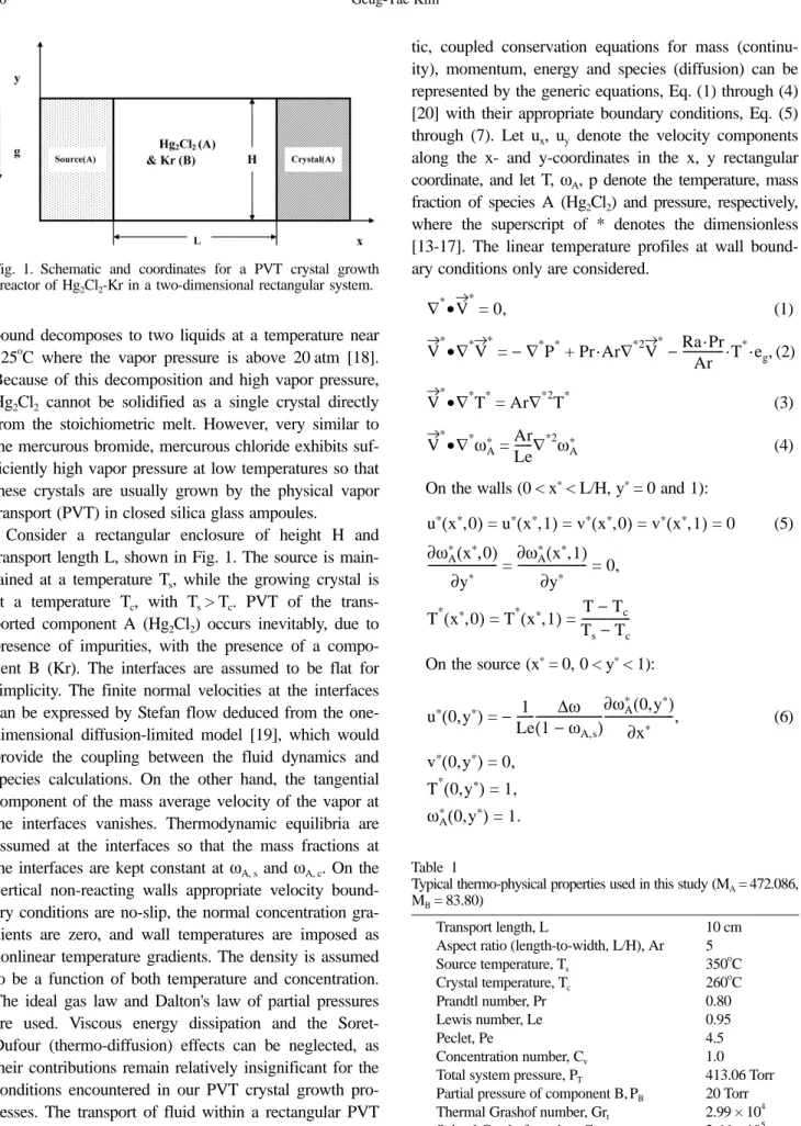 Fig. 1. Schematic and coordinates for a PVT crystal growth reactor of Hg 2 Cl 2 -Kr in a two-dimensional rectangular system.