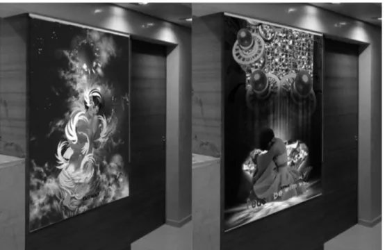 Fig. 21. Virtually designed (3D/Simulation) interior mural plastic modeling, Art Work.3 (Title: Charisma (left)) and Art Work.4 (Title: Grace of God (right)).