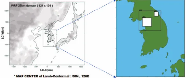 Figure 1.  Domain architecture used in WRF model. Grid sizes for domain 1, 2, 3, 4 and 5 are 27km, 9km, 3km, 1km(Seoul) and 1km(Haean), respectively.