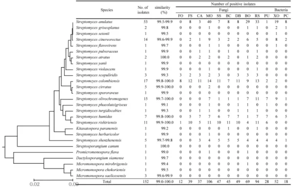 Fig. 1. Phylogenetic diversity and antimicrobial activities of isolates from the rice rhizosphere