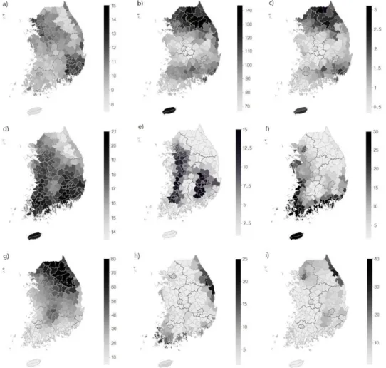 Fig. 7.  Same as Fig. 4, except for CCGIS result of climate exposure proxy variables for A1B Scenario in the year 2100.