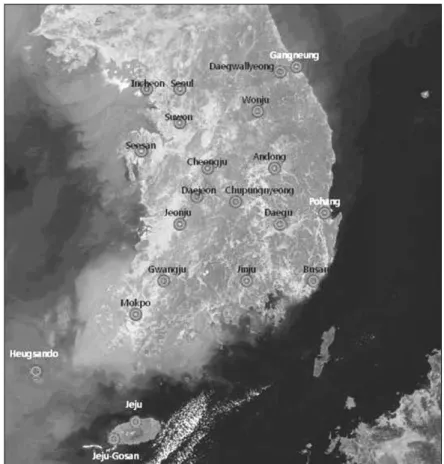 Figure 1.  Study region and meteorological stations(The base map is the GOCI image provided by the Korea Ocean Satellite Center, KORDI)