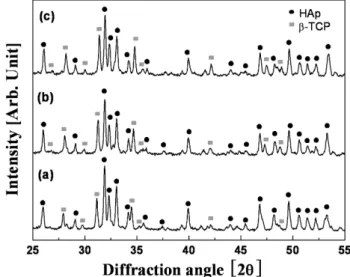 Fig. 3. XRD patterns of as-calcined powders; (a) BCP, (b) 0.5 wt% Mg-BCP, (c) 1.0 wt% Mg-BCP.