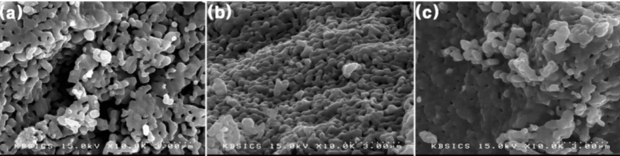 Fig. 4. Integral intensity of as-calcined powders calculated from XRD patterns; (a) BCP, (b) 0.5 wt% Mg-BCP, (c) 1.0 wt%