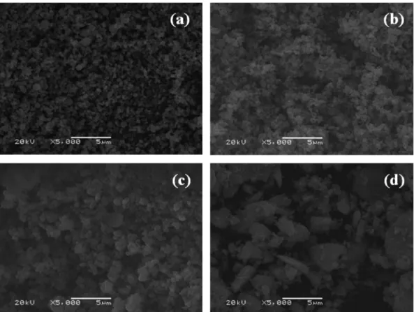 Fig. 1. SEM image of TiO 2 : Yb(8 %)Er(2 %) powder synthesized by sol-gel method calcined at (a) 500 o C (b) 500 o C (c) 600 o C (d) 700 o C for 1 hour.