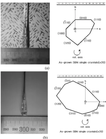 Fig. 1 shows as-grown 60SBN, 75SBN single crys- crys-tals and its facets. As-grown cryscrys-tals had a yellowish color