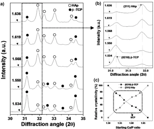 Fig. 8. (a) Integral intensity of the powders calculated from XRD patterns, (b) Correlation of the Ca/P ratio determined by chemical analyses and XRD results.