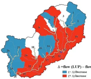 Fig. 5. Streamflow variation at subbasins of the Naesungchun river watershed. 전체 26개 소유역을 대상으로 토지이용변화를 반영 유무에 따른 소유역별 하천유량의 증감현황은 Fig