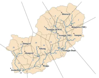 Fig. 2. Thiessen polygon of rainfall stations. KMA, Korea Meteorological Administration; ME, Ministry of  Environment