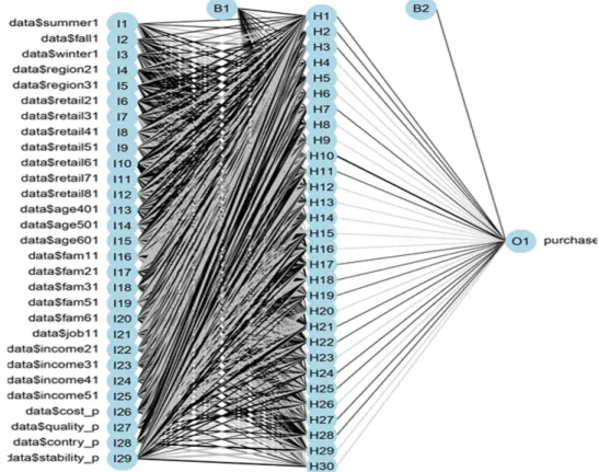 Fig. 1. Structure of artificial neural network for strawberry. O1, output node; B1-B2, bias node; H1-30, hidden node; 