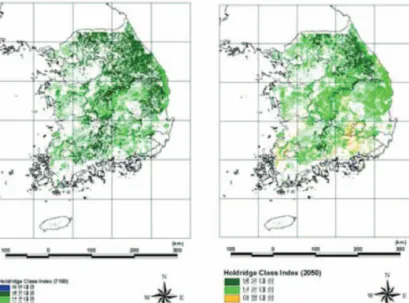 Figure 6.  Predicted change of forestry zone by increase of temperature in Korea (source : Kim and Lee, 2006)