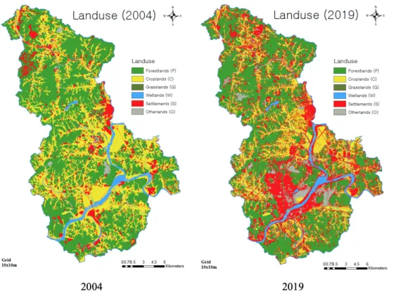 Fig. 3. Classified maps of Sejong City according to Intergovernmental Panel on Climate Change (IPCC) guide  line’s classification system (2004 and 2019).