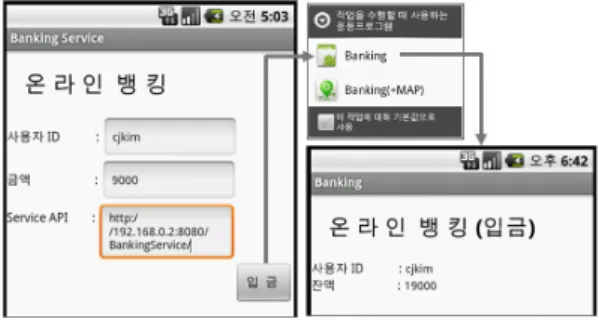 그림 12는 지도 모바일 서비스 어뎁터를 이용하여 오 픈 지도 서비스[11]와 뱅킹 웹 서비스를 매쉬업하여 서비 스를 커스터마이제이션 시킬 수 있음을 나타내는 결과화 면이다