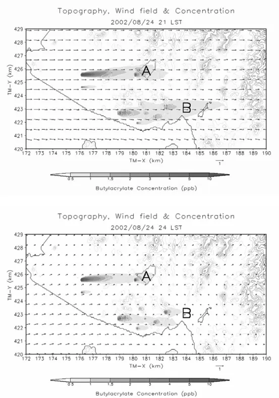 Fig. 7.  Topography, surface wind field and surface concentration field of Butylacrylate calculated by fine mesh meteorological model and dispersion model