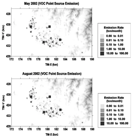 Fig. 5.  Monthly emission amounts (May 4 2002 and August 24 2002)