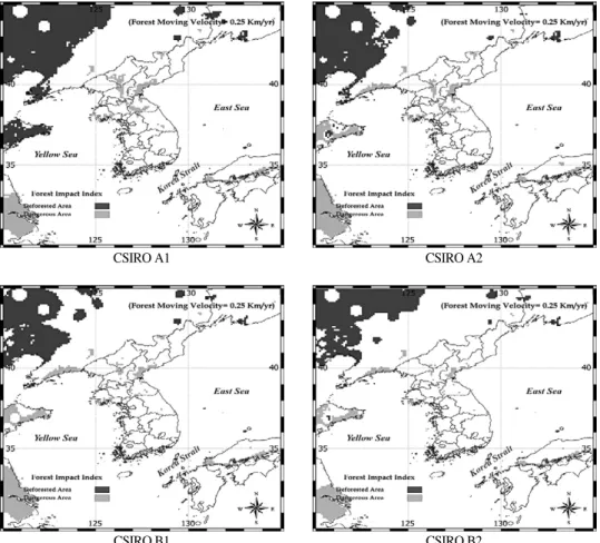 Figure 7.  Climate change impact on the Korean peninsula in 2100 (GCM=CSIRO, FMV=0.25km/yr)