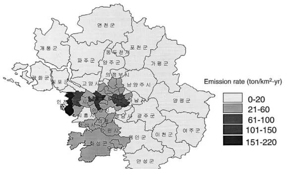 Fig. 3.  Total SO 2 emission rate in the modeling domain.