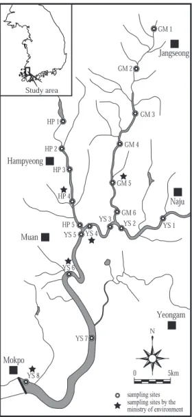 Fig. 1.  Map showing the study area and river water sampling sites(YS: Yeongsan river main stream,  GM: Gomakwon stream, HP: Hampyeong stream).