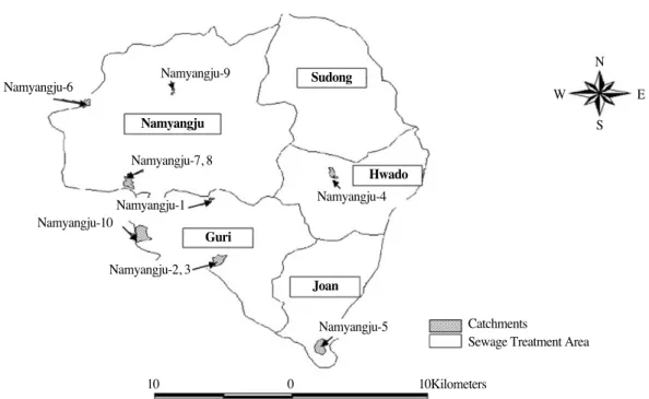 Fig. 1.  Location of the study area showing wastewater treatment basins and sampling stations