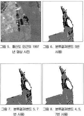 표 3.  Band 4, 5, 7을 사용한 무감독분류의 Error Matrix