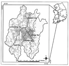 Table 1.  Area of each district in Daejon and population change between 1989 and 1998