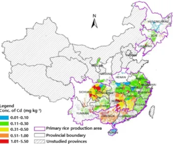 Fig. 7. Spatial distribution of Cd concentration in Chinese paddy soils at the administrative region  scale (Modified from Liu et al., 2016).