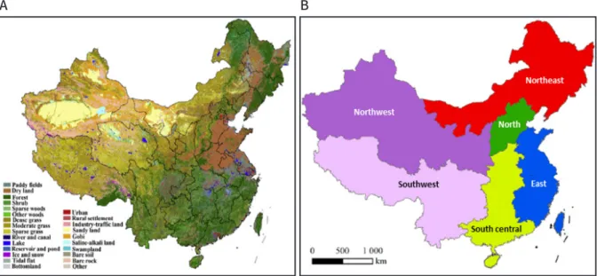 Fig. 1. Distribution of land uses (a) and geographic division (b) in China (Modified from Zhang et al.,  2014; Wan et al., 2018).