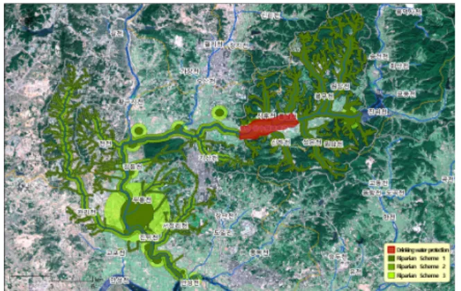 Figure 3. Three different schemes for establishing riparian  conservation buffer area in the Jinwee stream watershed