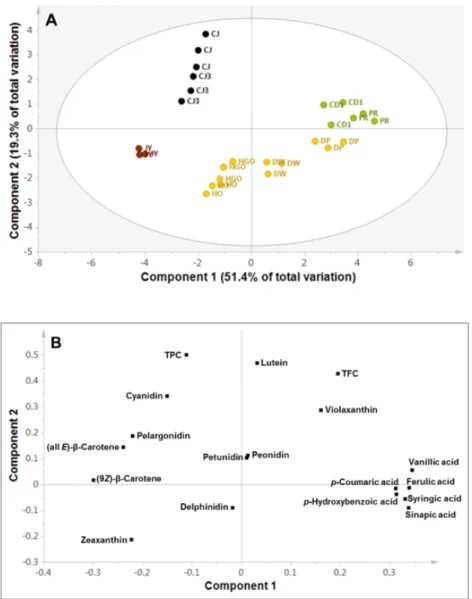 Fig. 1. Score (A) and loading (B) plots of principal components 1 and 2 of PCA results obtained from the  bioactive compound profiles of nine types of soybean seeds with colored coats