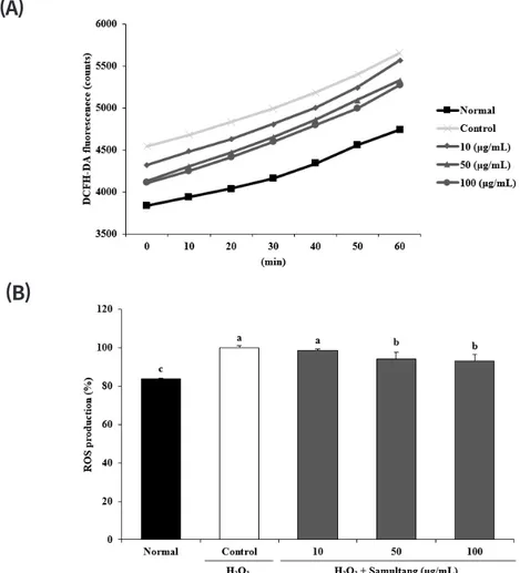 Fig. 2. Effects of Samultang on ROS production in H 2 O 2 -treated SH-SY5Y cells. (A) Time-course changes of  fluorescence intensity with Samultang