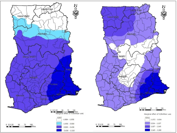 Table 3 presents the summary of the parameter estimates  of the GWR model. This summary table suggests that  labor and area per capita had the most consistent influence  on GAP in 2007 as they showed the highest minimum  values of 0.107 and 0.537 and maxim