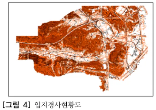 그림 2를 보면, 1차분석결과의 대상지들을 표현한 것 이다.  이렇게 압축된 대상지를 가지고 다시 2차평가를 실 시하게 된다. 4-1 4-2 10864-14-21086 대상지 1:근린공원 4-1,  대상지 2:  근린공원 4-2,  대상지 3 : 근린공원 6,  대상지 4:  근린공원 8,  대상지 5:  근린공원 10 [그림 6]  1 차 기준 분석 결과 , 
