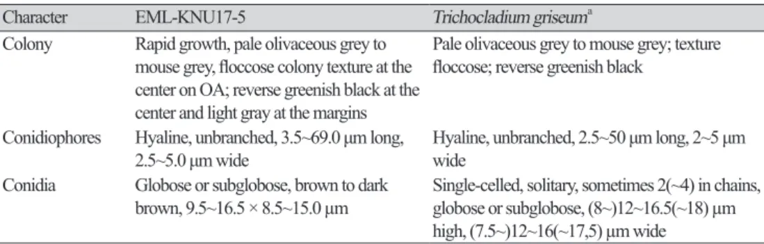 Table 2. Morphological characteristics of EML-KNU17-5 and the reference species Trichocladium  griseum cultured on different agar mediums at 25℃
