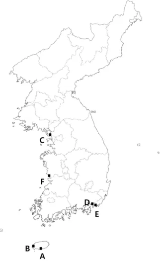Fig. 1. Sampling sites of  Bolboschoenus planiculmis (A: Saeseom, B: Youngsu, C: Donggeom, D: 