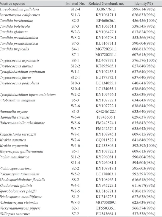 Table 1. Wild yeast species isolated from water and soil samples under the Bulti bridge in  Sejong city, Korea
