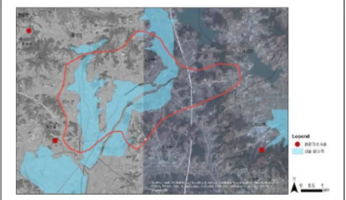 Figure 4. Areas prone to floods &amp; environmental  treatment facilities 상습침수지역은 농촌 공공공간 및 시설의 입지 시 시 설물은 물론 인명피해를 유발할 수 있으므로 전국을 대 상으로  분석한  상습침수지역  지도(polygon data)를  확보 하여 이를 입지적합성 분석에 활용하였다
