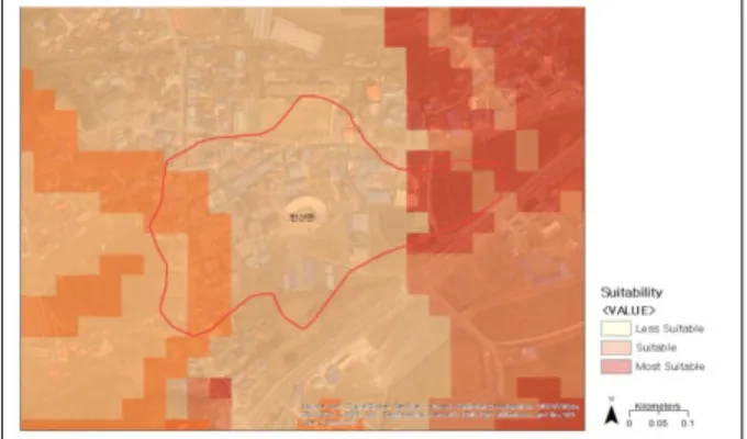 Figure 5. Overlay of maps for suitability analysis 2.  종합고찰 본 연구대상지에 대한 AHP  분석결과 거점면 단위인  옥과면이 공공공간 및 시설의 입지 적합성의 상대적 중 요도에서 권역 및 마을 단위보다 상대적으로 높은 것으 로 분석 결과 나타났다