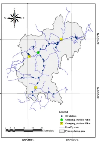 Figure 4. Selected points for fast charging stations by  road distance in Pyeongchang