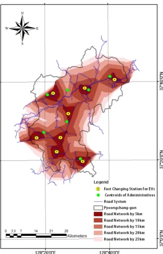 Figure 5. Optimal locations of fast charging stations in  Pyeongchang