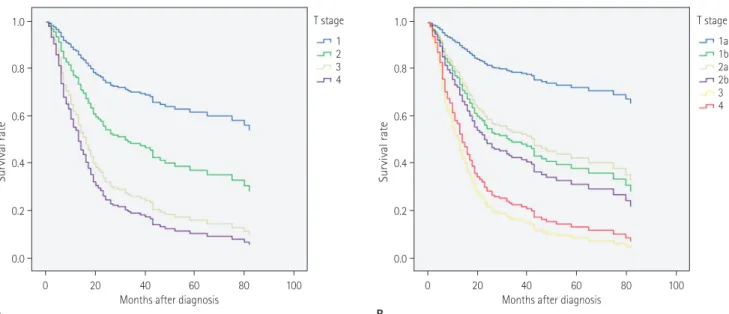 Fig. 2. Overall Survival of patients with non-small cell lung cancer by T staging for TNM-6 (A) and TNM-7 system (B)