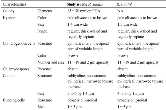 Table 2. Comparison of the morphologies of isolate KNU16-146 and a previously described  isolate of Rhinocladiella similis