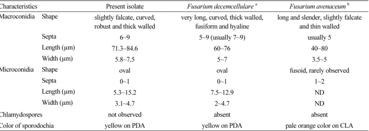 Table 1. Comparison of morphological characteristics of isolated fungi from abnormal brown spot with the previous descriptions of  Fusarium spp