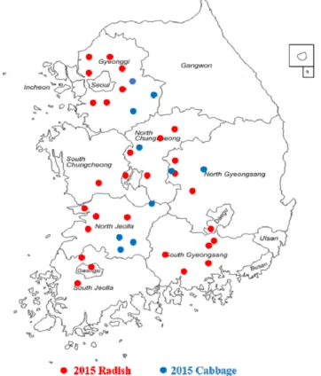 Fig. 1. Geographical distribution of radish and cabbage sample collection sites.