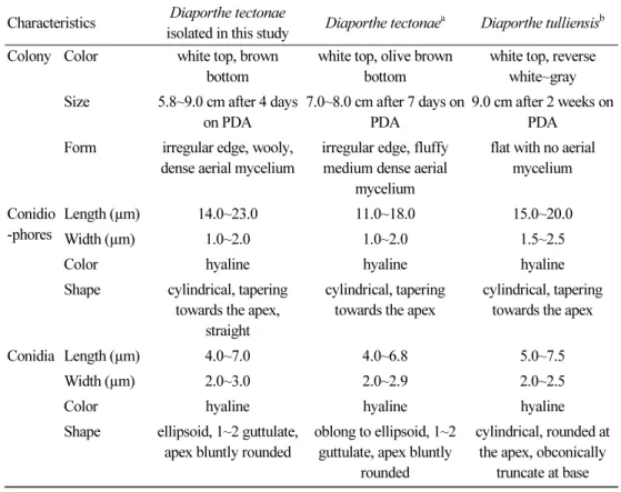 Table 1. Morphological characteristics of Diaporthe tectonae isolated in this study Characteristics Diaporthe tectonae 