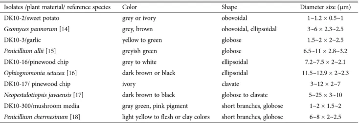 Table 1. Morphological comparison of conidia between the five Korean isolates and reference species
