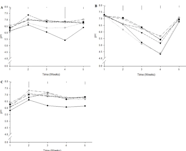 Fig. 1. Changes in pH in soil solutions of root media during cultivation of red leaf lettuce as influenced by various application rates of dolomitic lime as a pre-planting fertilizer in each root medium